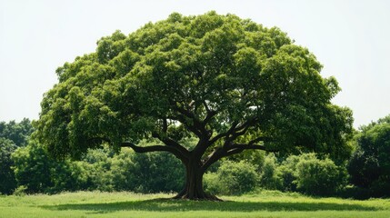 Fototapeta premium Lush Green Tree in Open Field Under Clear Sky