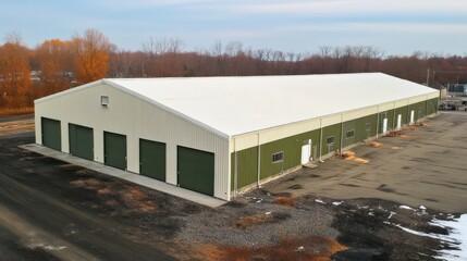 Modern Green Commercial Building with Garage Doors: A spacious, newly constructed commercial building with a modern design and multiple garage doors.