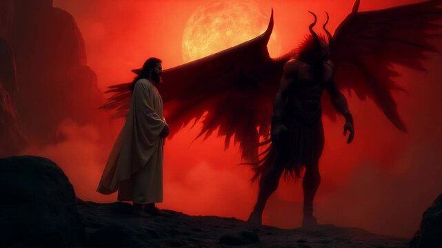 A powerful visual of good versus evil. Jesus in white robes faces a menacing devil with horns and red skin, both reaching out as the sky burns with fiery clouds in the background.