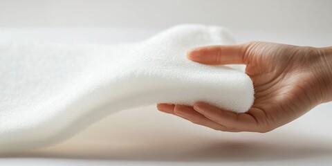 Naklejka premium Abstract Product Showcase with a Close-Up of a Hand Holding White Foam Against a Softly Lit White Background, Emphasizing Innovative Design, Ideal for Advertising and Marketing Purposes, Enhanced by 