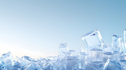 Ice Castle Serenity, minimalist ice cubes forming a castle against a blue sky, perfect for luxury branding and winter-themed projects.