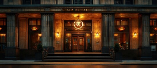 A grand, ornate building with large glass windows and a decorative entranceway. 