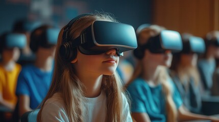 Children engrossed in virtual reality, exploring immersive digital worlds with VR headsets in a classroom setting. Focus on young girl.