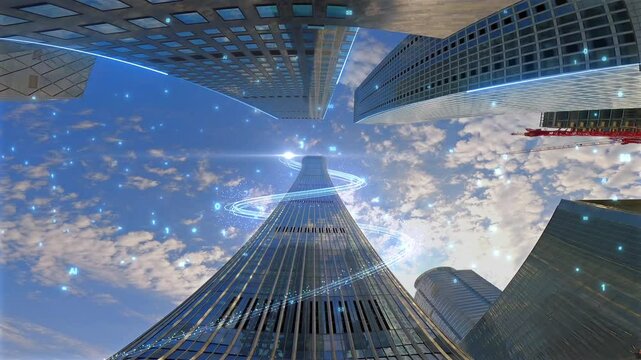 Science and technology city high-rise, science and technology city, Internet smart city，5G，iot.Towering city buildings, Technological photosensitive beams shuttle between high-rise buildings