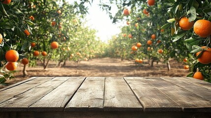 Orange Orchard with Wooden Table in the Foreground