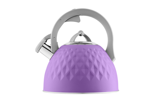 kettle with whistle, matte Purple, violet color, with rhombus texture on isolated and white background close-up