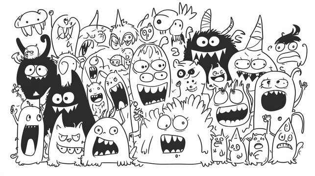 Doodle Art Extravaganza, a vibrant collection of quirky cartoon characters with expressive faces, whimsical creatures, and playful designs in a crisp style.