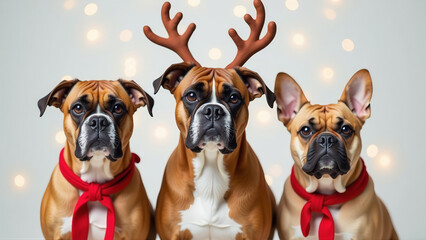 Three dogs wearing reindeer antlers sitting together in front of Christmas light