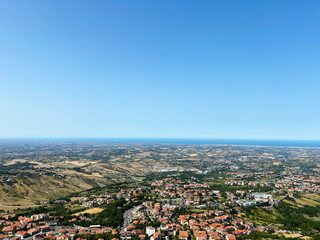 An amazing panorama from above of the Italian town of Borgo, connected by a cable car to San Marino.