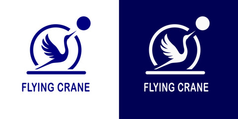 A sleek and minimalist blue crane bird logo in flight, symbolizing grace and freedom. The design is simple yet elegant, conveying movement and peace