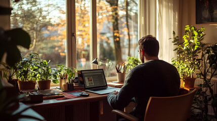 Home office productivity, individual focused on laptop, organized workspace, ambient light enhancing concentration and creativity