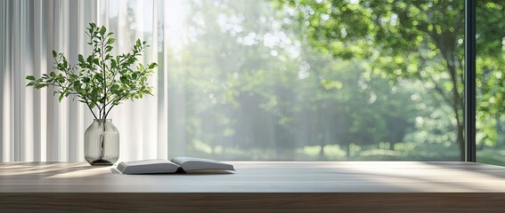 Minimalist table with a book and a plant in a vase on a blurred living room background, with space for product display presentation