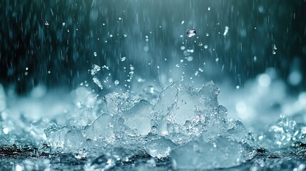 Close-up of water droplets splashing on a surface, creating a dynamic and refreshing scene with a calming blue background.