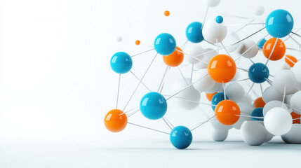 Molecular structures with colorful spheres in 3D space, showcasing vibrant blue, orange, and white elements interconnected by thin lines. This represents complexity of molecular interactions and