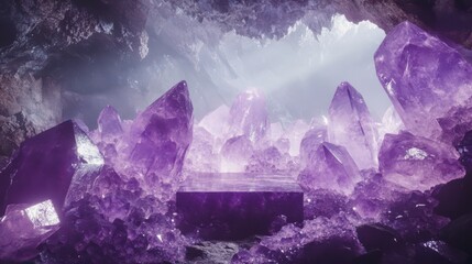 A mystical Amethyst podium in a glowing crystal cave, perfect for sacred and powerful displays.