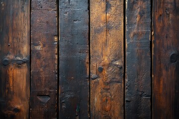 Close-up of weathered dark wooden planks, displaying natural grain patterns and rich texture. Ideal for backgrounds or rustic designs.