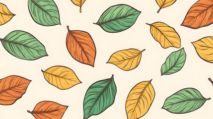 Obraz premium Autumn Leaves Vector Pattern, seamless design featuring orange and green leaves on a light background, minimalistic line art style