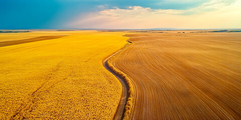 Fototapeta premium Aerial view of a golden wheat field ready for harvest, with the warm sunlight casting a golden glow over the landscape.