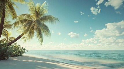 Fototapeta premium Serene Tropical Beach with Palm Trees and Blue Sky