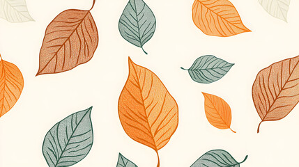 Autumn Leaves Pattern, seamless vector design featuring orange and green leaves on a light background, simple line art illustration