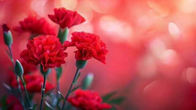Vibrant red carnations in bloom with a soft bokeh background, creating a romantic and elegant floral scene.