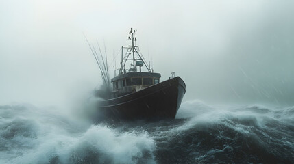 Stormy Seas Journey, a fishing boat battles fierce winds and rain, evoking tension and immersive sensory experiences in a minimalist design.