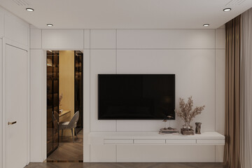 TV on the cabinet in modern living room with flowers in living room with empty white wall.