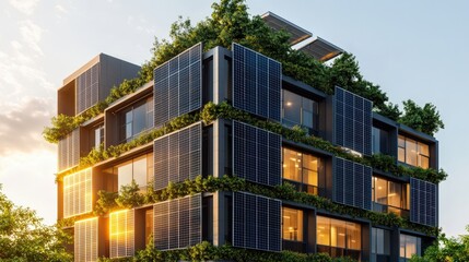 Obraz premium Modern Eco-Friendly Building with Solar Panels and Greenery
