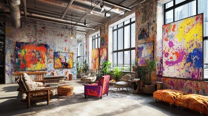 Obraz premium A lively artist's loft filled with vibrant paint splatters