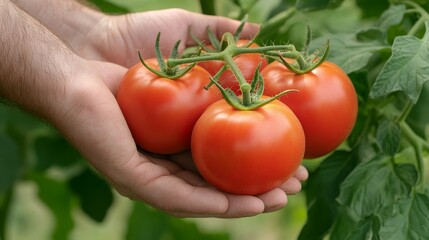 A farmer's hands gently hold a cluster of freshly picked ripe tomatoes, symbolizing the bounty of the harvest, the dedication of farming, and the freshness of nature's produce.
