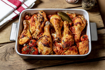 Roasted chicken drumsticks served for family dinner