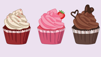 Three Set of Cute Cupcakes. Red Velvet. Strawberry, Chocolate. Vector Drawing.