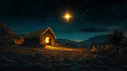 The first star lit up on Christmas Eve The star shines over the manger of Christmas of Jesus Christ.