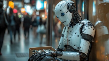 Fototapeta premium Outcast Robot in a Crowded City