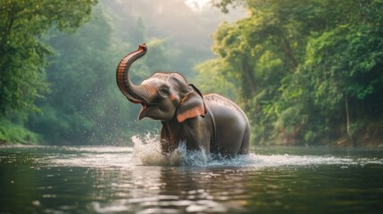 Elephant joyfully splashing in river, trunk raised above water