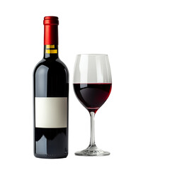 A bottle of red wine with a glass of wine next to it, isolated on a transparent background.