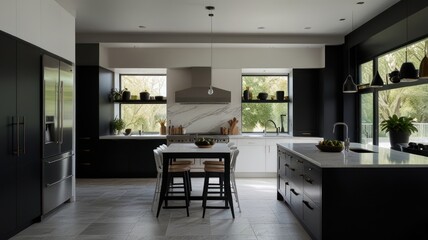 Fototapeta premium Modern kitchen with black cabinets, white countertops, and stainless steel appliances.