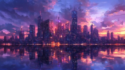 Obraz premium A city skyline glowing with artificial light at dusk, with detailed reflections in water.
