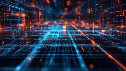 Fototapeta premium Futuristic Holographic Display with Intricate Lines and Glowing Blue and Orange Lights Against a Minimalist Grid Background