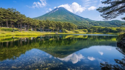 Fototapeta premium A clear, tranquil lake in Jeju Island reflecting the towering Hallasan volcano.