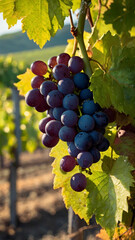 Naklejka premium Grapes on a vine in a vineyard. Grapes on the vine, a bunch of grapes, red grapes on the vine