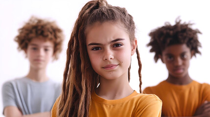 Confident Girl with Friends Standing Behind
