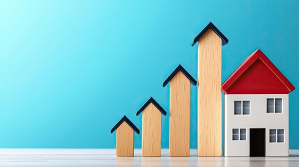 A visual representation of real estate growth with stacked wooden houses and a model home against a vibrant blue background.
