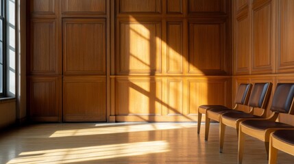 A glimpse into a historic courtroom featuring intricate wood paneling and sunbeams streaming through the windows, creating a warm and inviting atmosphere.  This image evokes feelings of justice, histo