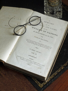 Early edition ( 1811) of the " Wealth of Nations" by Adam Smith . He was  a Scottish economist and philosopher who was a pioneer in the thinking of political economy 