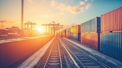 Cargo Containers at Sunset on Railroad Tracks