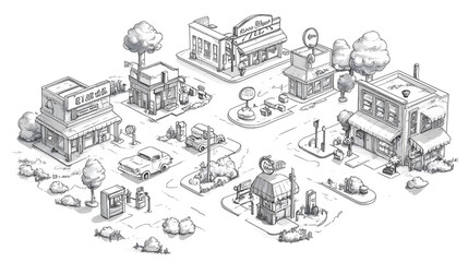 Obraz premium Village Map Illustration, detailed layout featuring bank, market, barber, gas station, school, in coloring book style, clear black and white lines