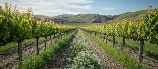 Rows of grapevines growing in a vineyard with a pathway between them and a mountain range in the background.