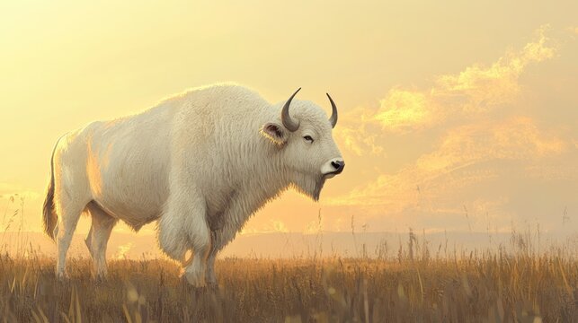 White Bison Grazing in Golden Sunset Light