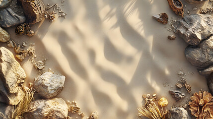 Obraz premium Serene Desert Landscape with Warm Textures, Soft Shadows on Sandy Background, Surrounded by Rocks and Wood, Overhead View